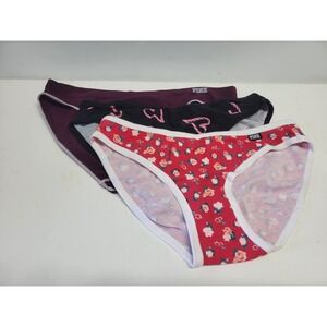 PINK by Victoria Secret Panty Set 3 Briefs Floral Hearts Burgundy Black‎ Size S
